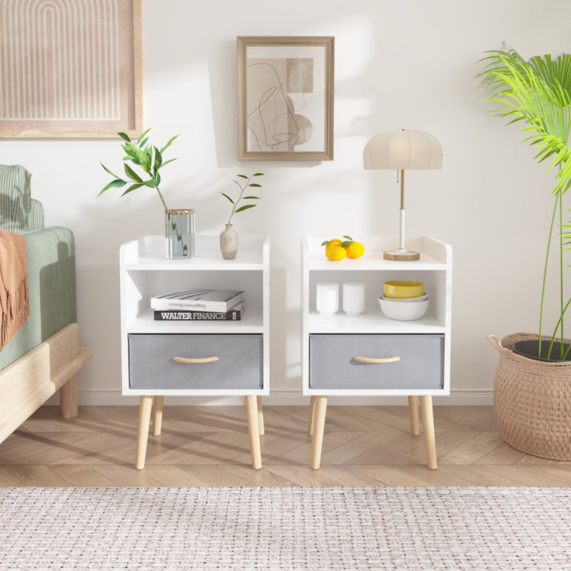 2pcs Nightstand with Collapsible Fabric Drawer | 2-Tier Storage End Table, Wood Side Table with Storage Cabinet for Bedroom, Living Room - White