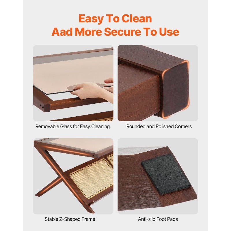 VEVOR Rattan Coffee Table Z-Shaped Rattan Woven Bamboo Coffee Table with Tempered Glass Top 47' Modern Boho Coffee Table with Natural Bamboo Legs for Living Room Bedroom and Small Spaces