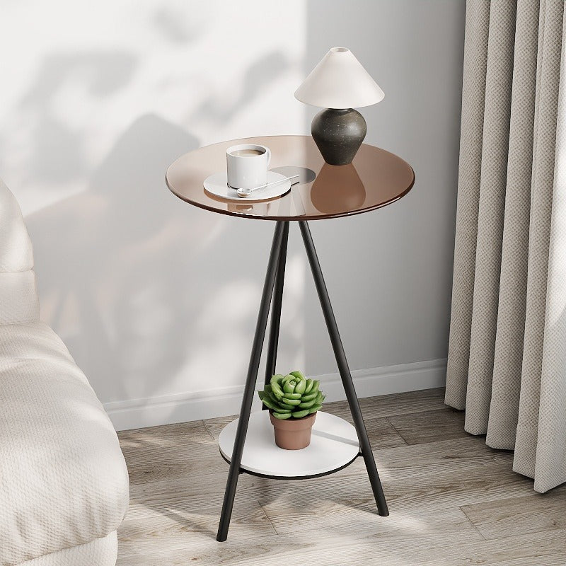 Italian-style Light Luxury Golden Triangular Leg Double-Layer Side Table with Vertical Grain Tabletop, Living Room Sofa Side Table, Bedroom Corner Small Tea Table, Modern Soft Furnishing Art Decorative Corner Table, Household Light Luxury Double