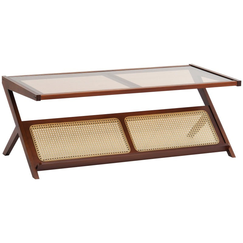 VEVOR Rattan Coffee Table Z-Shaped Rattan Woven Bamboo Coffee Table with Tempered Glass Top 47' Modern Boho Coffee Table with Natural Bamboo Legs for Living Room Bedroom and Small Spaces