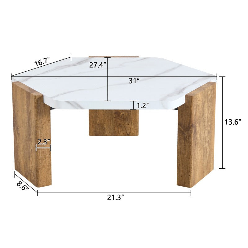 31-inch Modern-Style Hexagonal Coffee Table with White Marble Surface | Vintage Style, Non-Electric