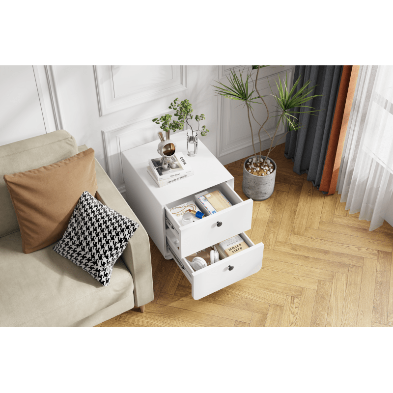 Contemporary Bedside Storage Unit Designed for Living Rooms And Bedrooms, Featuring a Steel Structure with Two Drawers And a Round Handle. This Compact Furniture Piece Offers Practical Storage Solutions for Small Apartments And City Dwellings