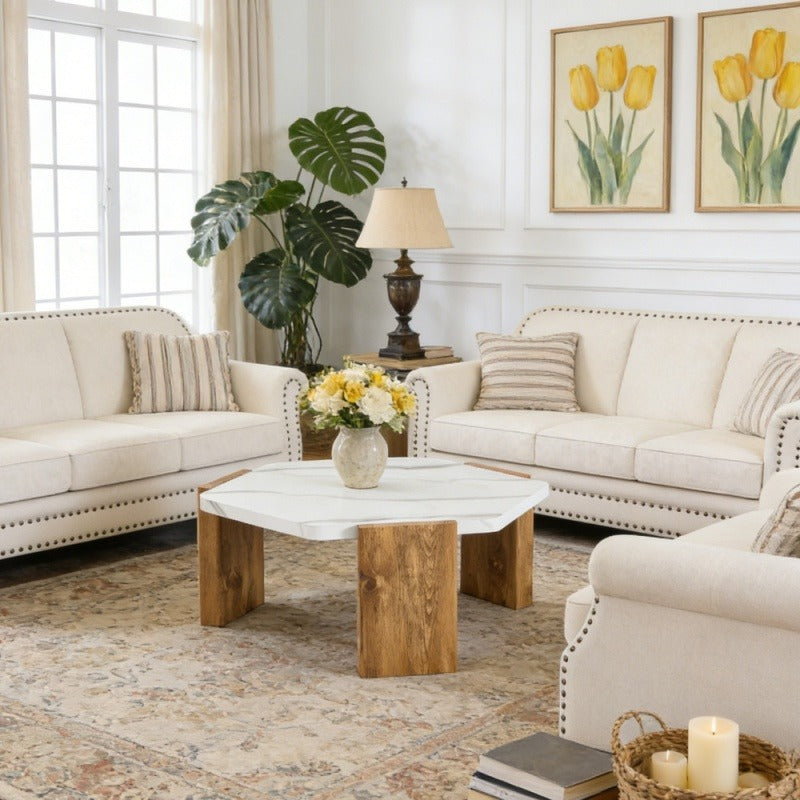 31-inch Modern-Style Hexagonal Coffee Table with White Marble Surface | Vintage Style, Non-Electric