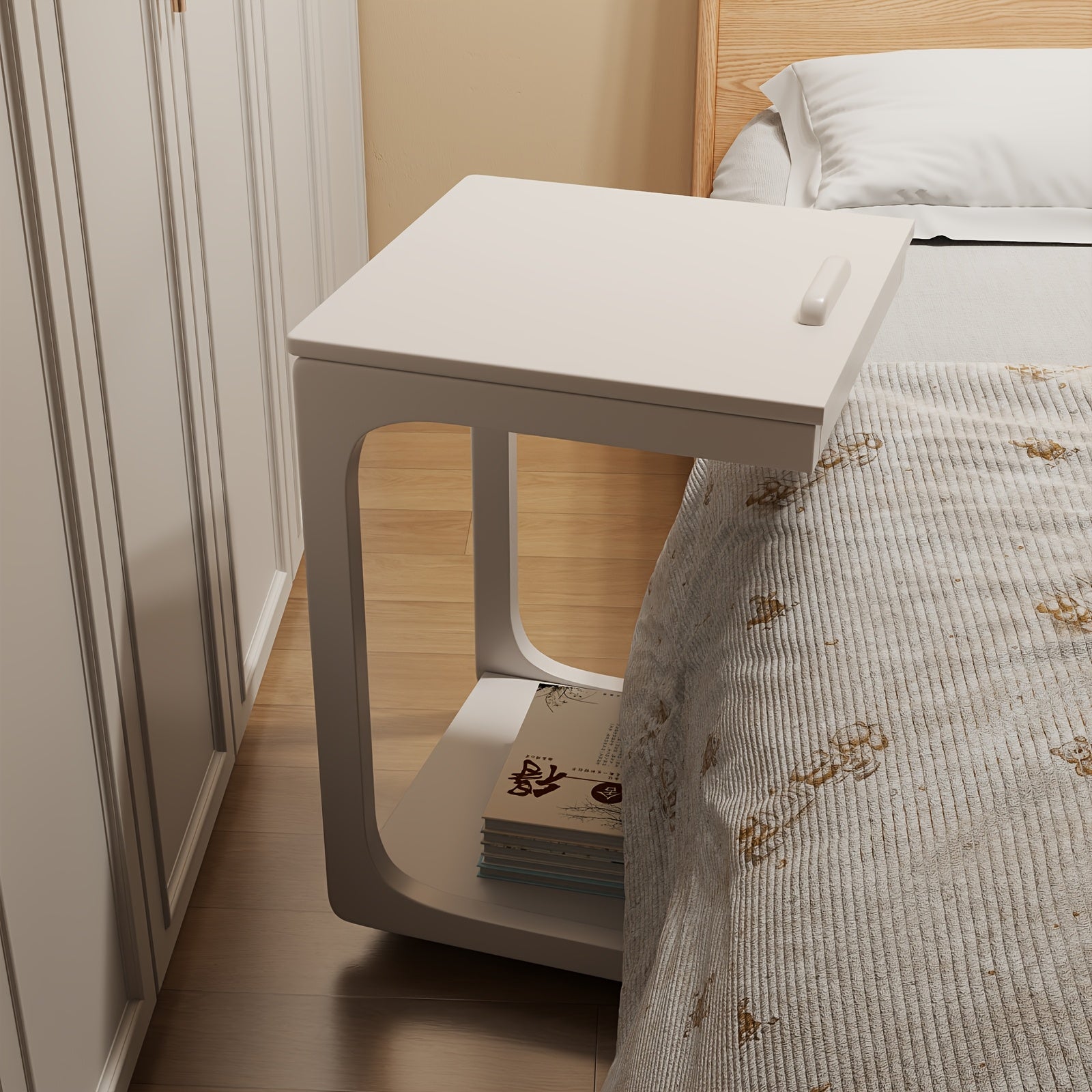 Kaslandi Space Living Room Furniture C-Shaped Bedside Table, Small Sofa Side Table, Mobile Design With Wheels For Living Room, Bedroom, And Bedside, Walnut, White, And Natural Wood Colors, Christmas Gifts, Black Fridays Items, Free Shipping