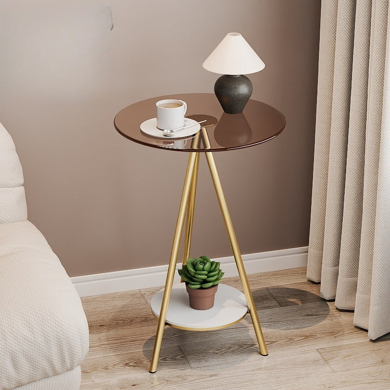 Italian-style Light Luxury Golden Triangular Leg Double-Layer Side Table with Vertical Grain Tabletop, Living Room Sofa Side Table, Bedroom Corner Small Tea Table, Modern Soft Furnishing Art Decorative Corner Table, Household Light Luxury Double