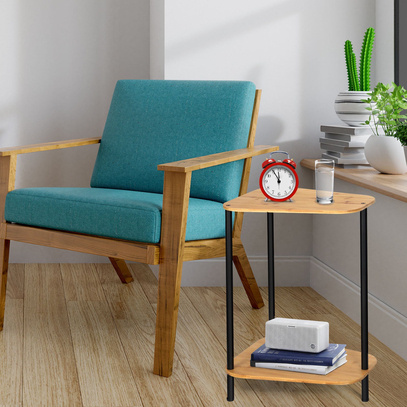 Small Side Table Set of 2, 2 Tier Sofa Table End Table, Space-Saving Corner Table Wedge Snack Table with Rounded Corner for Small Space, Living Room, Bedroom, Wood Color