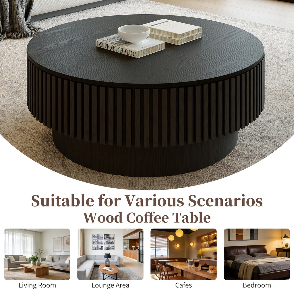 Round Fluted Coffee Table with Storage & Retro Openable Tabletop Wooden Circular Tea Table with Inner Storage Space for Living Rooms Home And Cafes Furniture Black