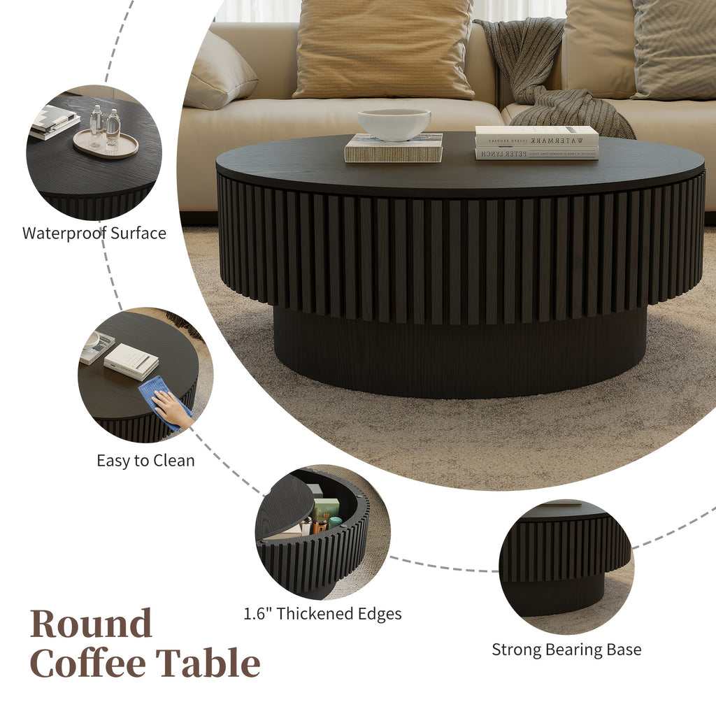 Round Fluted Coffee Table with Storage & Retro Openable Tabletop Wooden Circular Tea Table with Inner Storage Space for Living Rooms Home And Cafes Furniture Black