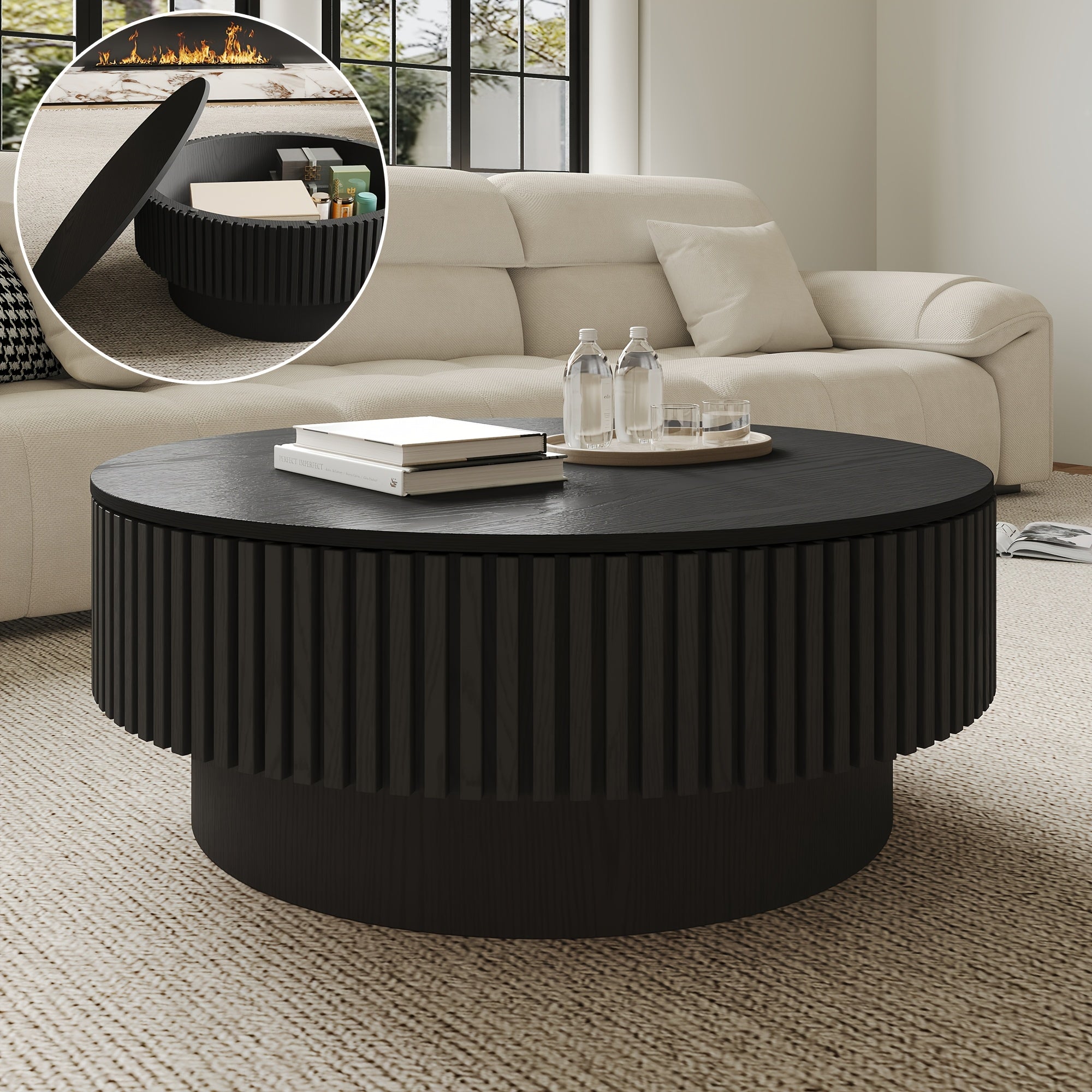 Round Fluted Coffee Table with Storage & Retro Openable Tabletop Wooden Circular Tea Table with Inner Storage Space for Living Rooms Home And Cafes Furniture Black