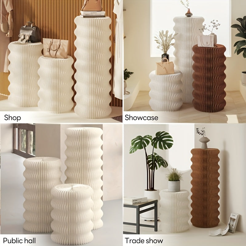 Modern Minimalist Foldable Cylindrical Bar Table with Lantern Pleated Texture - Heavy-Duty Paper Cord (Non-Wood) Portable Counter Suitable for Parties, Exhibitions, Offices, Salons - Assembly-Free Setup, Space-Saving Furniture