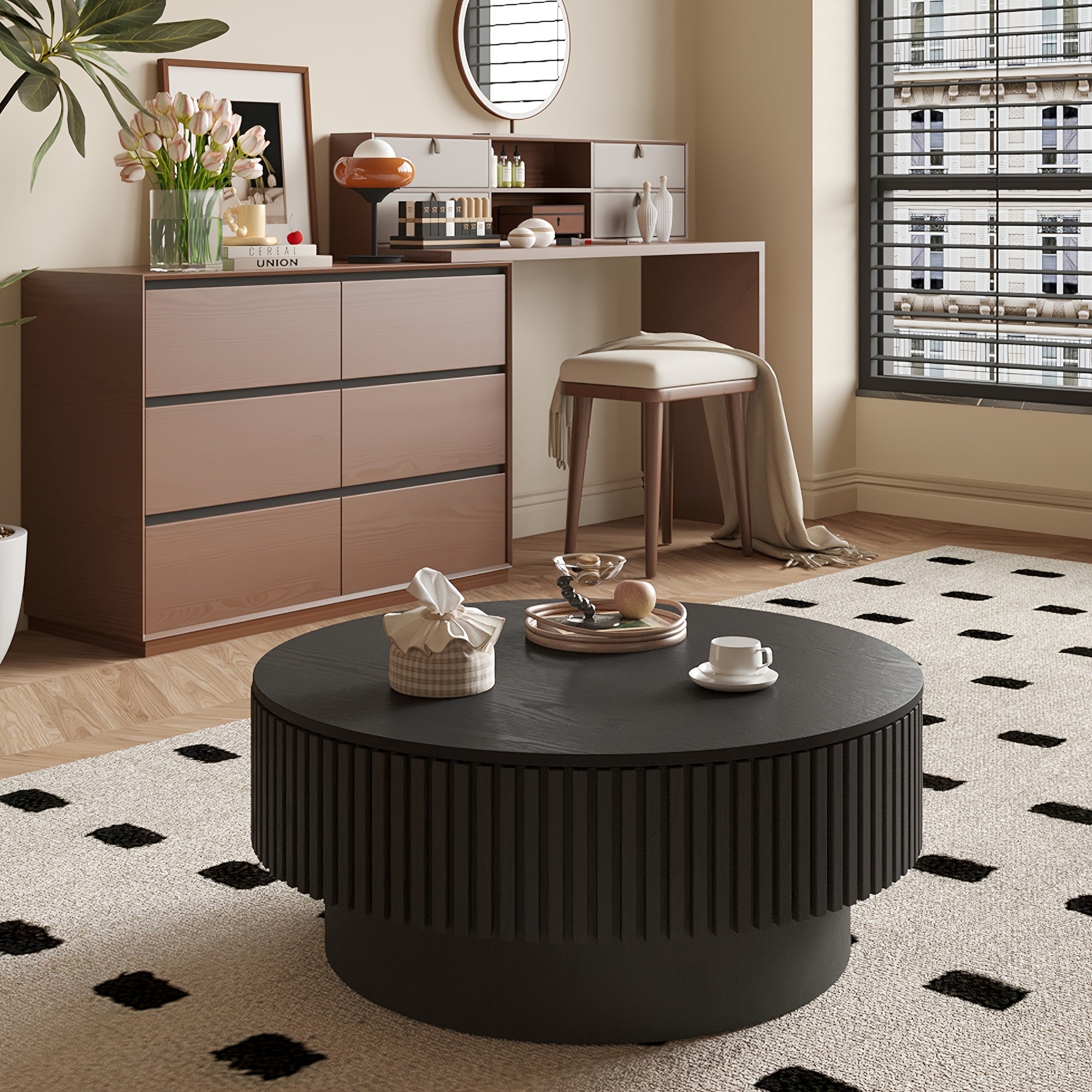 Round Fluted Coffee Table with Storage & Retro Openable Tabletop Wooden Circular Tea Table with Inner Storage Space for Living Rooms Home And Cafes Furniture Black