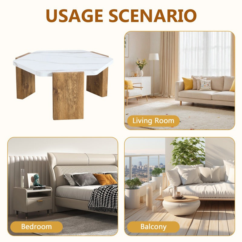 31-inch Modern-Style Hexagonal Coffee Table with White Marble Surface | Vintage Style, Non-Electric