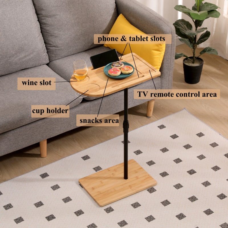 Couch Tray Table Bamboo Height Adjustable Side Table for Sofa C-shaped Oval End Tables with Slots for Bed and Chairs in Living Room and Bedroom Oval + Rectangle