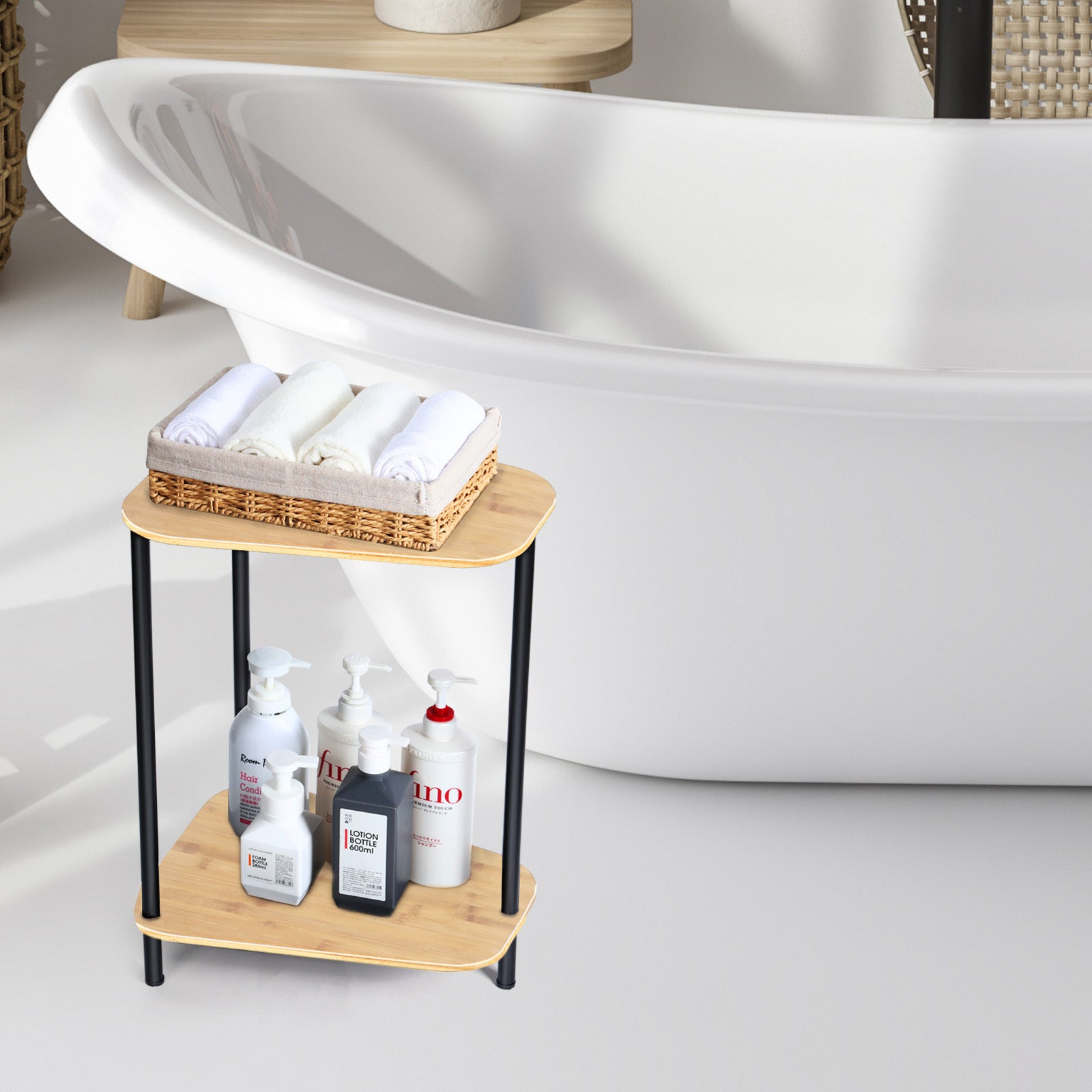 Small Side Table Set of 2, 2 Tier Sofa Table End Table, Space-Saving Corner Table Wedge Snack Table with Rounded Corner for Small Space, Living Room, Bedroom, Wood Color