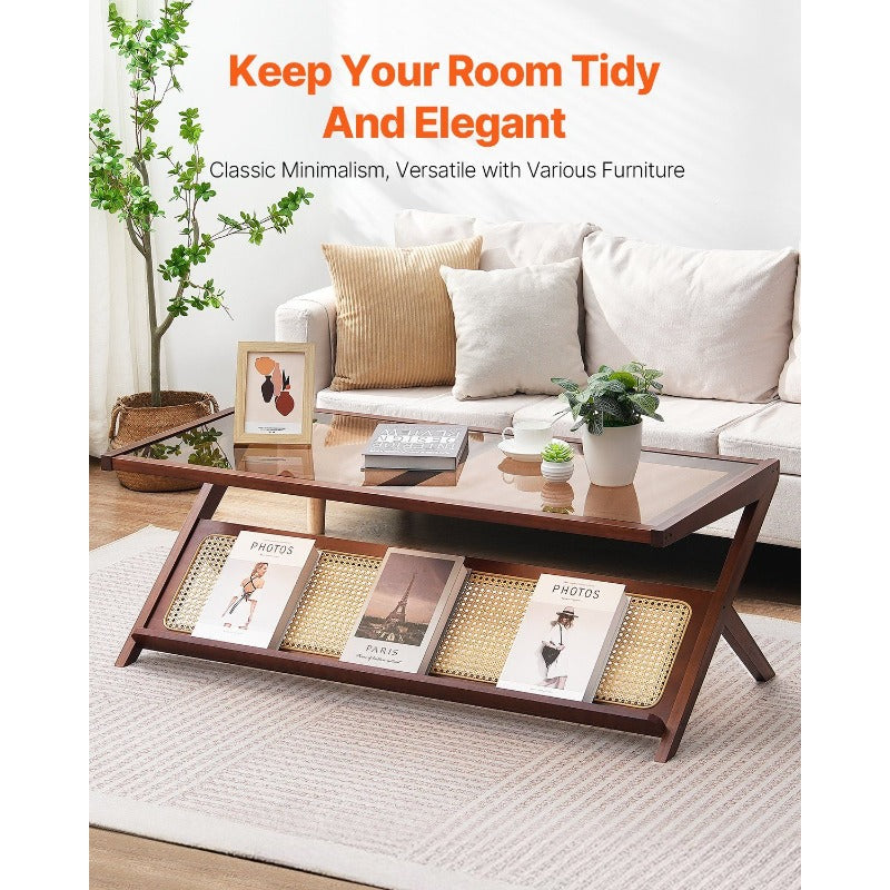 VEVOR Rattan Coffee Table Z-Shaped Rattan Woven Bamboo Coffee Table with Tempered Glass Top 47' Modern Boho Coffee Table with Natural Bamboo Legs for Living Room Bedroom and Small Spaces