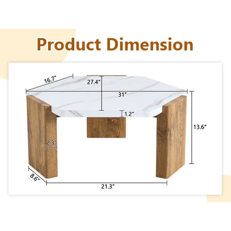 31-inch Modern-Style Hexagonal Coffee Table with White Marble Surface | Vintage Style, Non-Electric