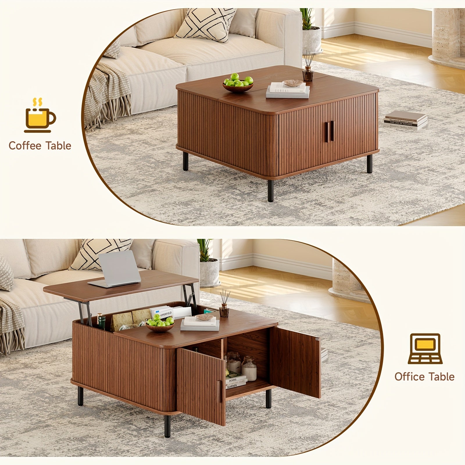Lift-Top Coffee Table with Storage Square Coffee Table Multifunctional Living Room Center Table for Dining, Gaming Or Working Walnut