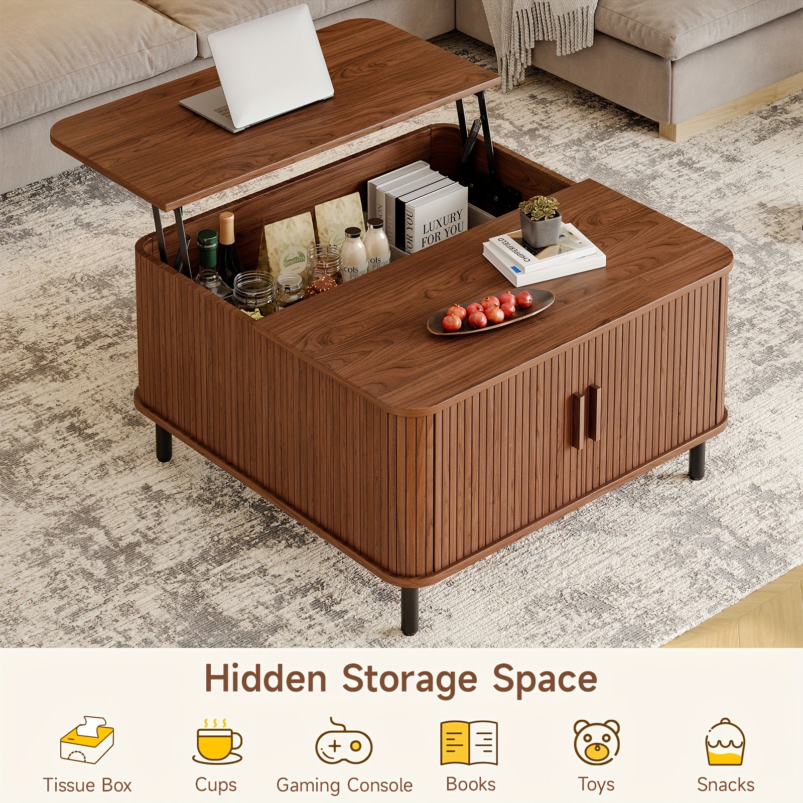 Lift-Top Coffee Table with Storage Square Coffee Table Multifunctional Living Room Center Table for Dining, Gaming Or Working Walnut