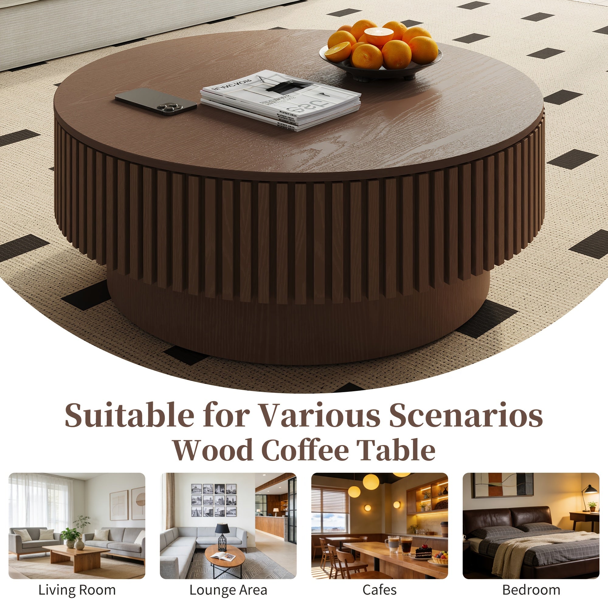 Round Coffee Table with Openable Tabletop & Inner Storage Shelf - Space-Saving Retro Modern Suitable for, Home, Cafe Furniture - Engineered Wood Dark Brown Table, Easy Assembly Compact Circular Tea Table for Small Spaces