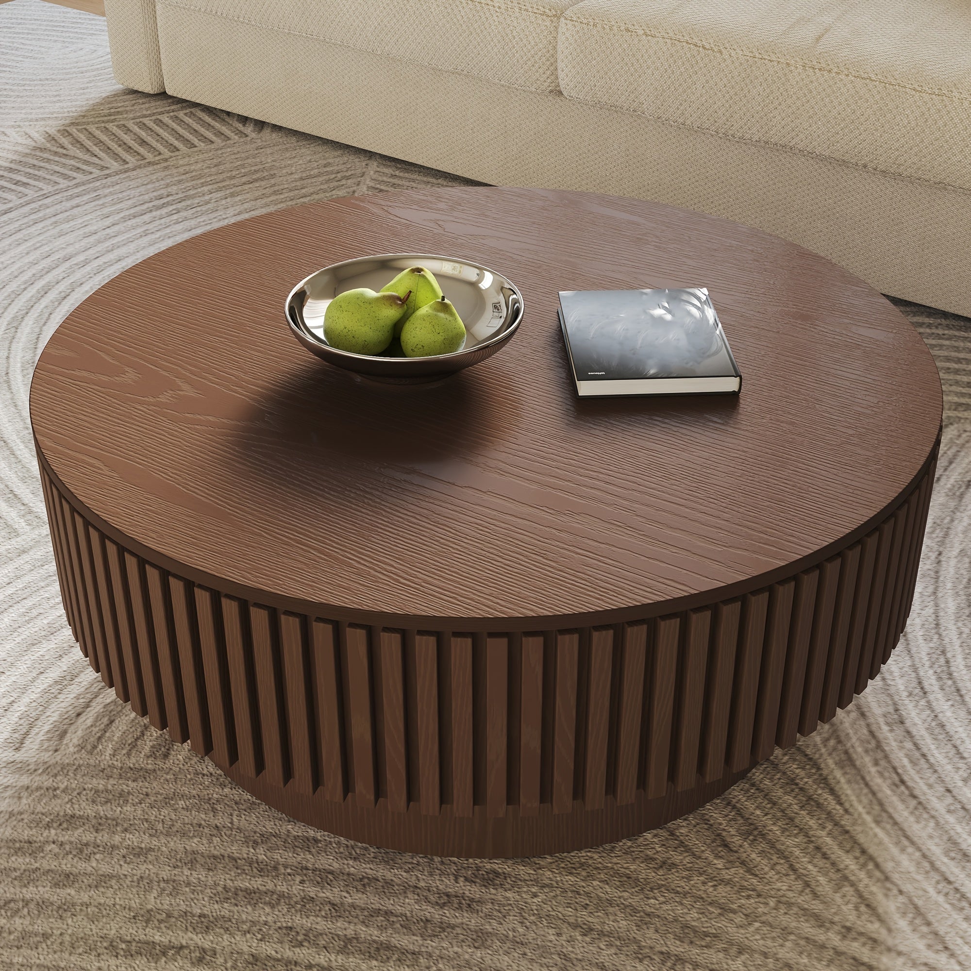 Round Coffee Table with Openable Tabletop & Inner Storage Shelf - Space-Saving Retro Modern Suitable for, Home, Cafe Furniture - Engineered Wood Dark Brown Table, Easy Assembly Compact Circular Tea Table for Small Spaces