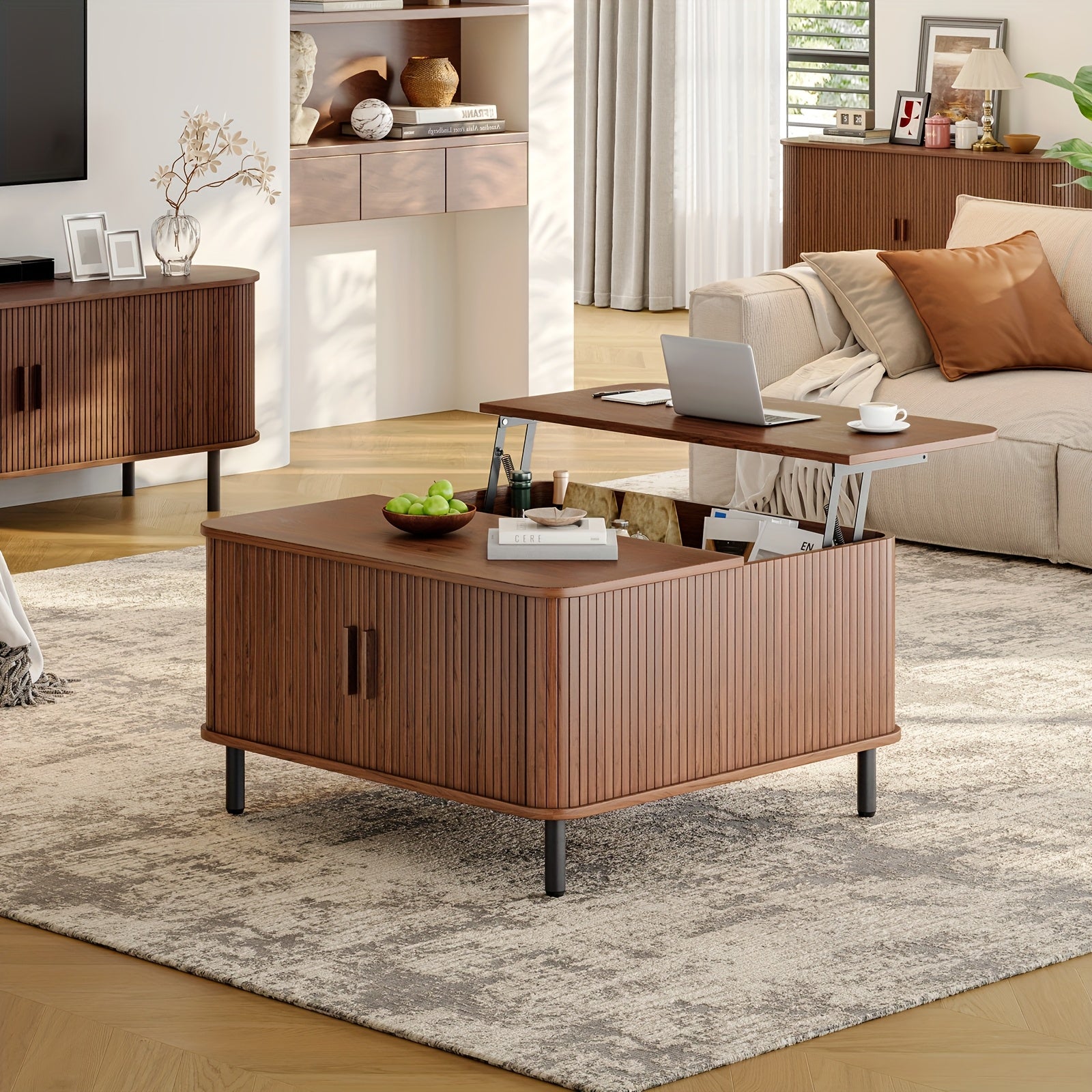 Lift-Top Coffee Table with Storage Square Coffee Table Multifunctional Living Room Center Table for Dining, Gaming Or Working Walnut