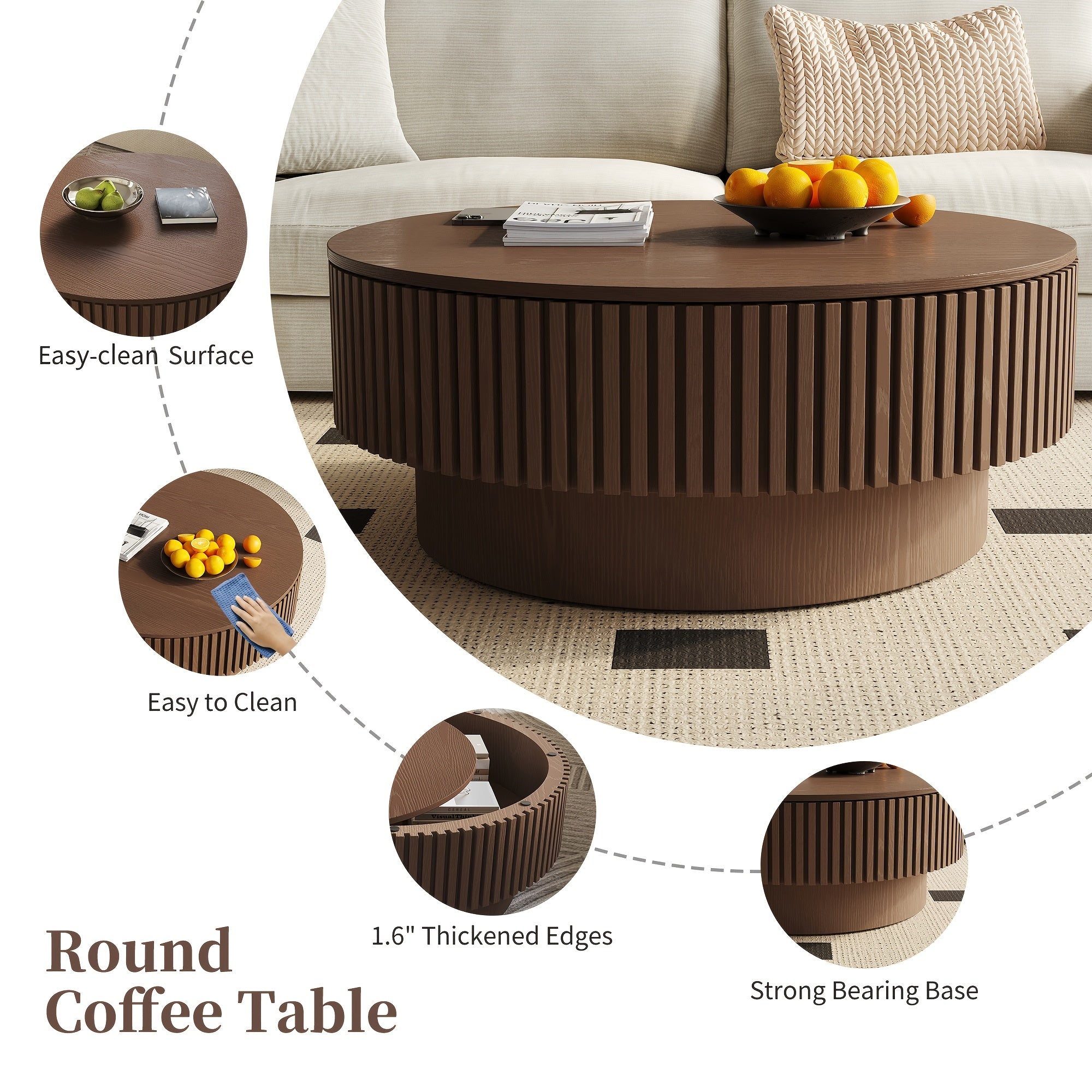 Round Coffee Table with Openable Tabletop & Inner Storage Shelf - Space-Saving Retro Modern Suitable for, Home, Cafe Furniture - Engineered Wood Dark Brown Table, Easy Assembly Compact Circular Tea Table for Small Spaces