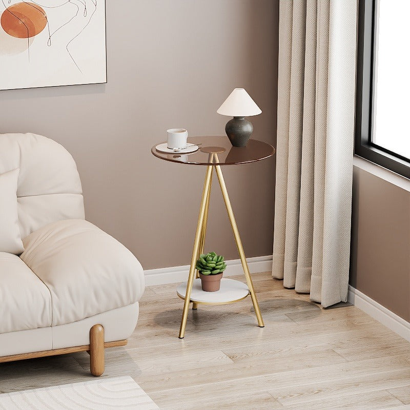 Italian-style Light Luxury Golden Triangular Leg Double-Layer Side Table with Vertical Grain Tabletop, Living Room Sofa Side Table, Bedroom Corner Small Tea Table, Modern Soft Furnishing Art Decorative Corner Table, Household Light Luxury Double