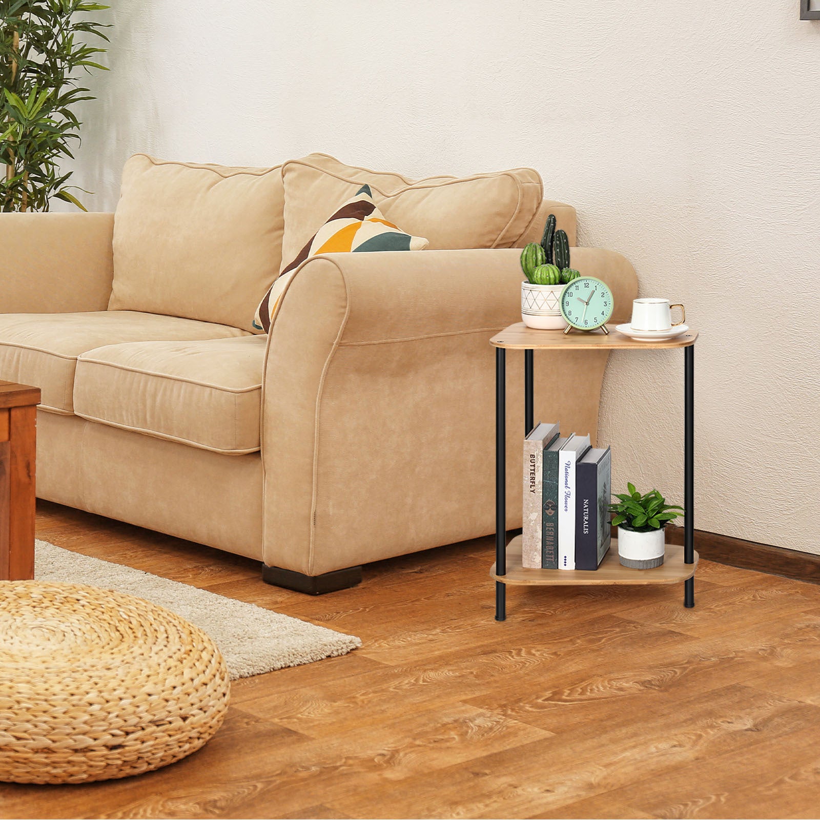 Small Side Table Set of 2, 2 Tier Sofa Table End Table, Space-Saving Corner Table Wedge Snack Table with Rounded Corner for Small Space, Living Room, Bedroom, Wood Color