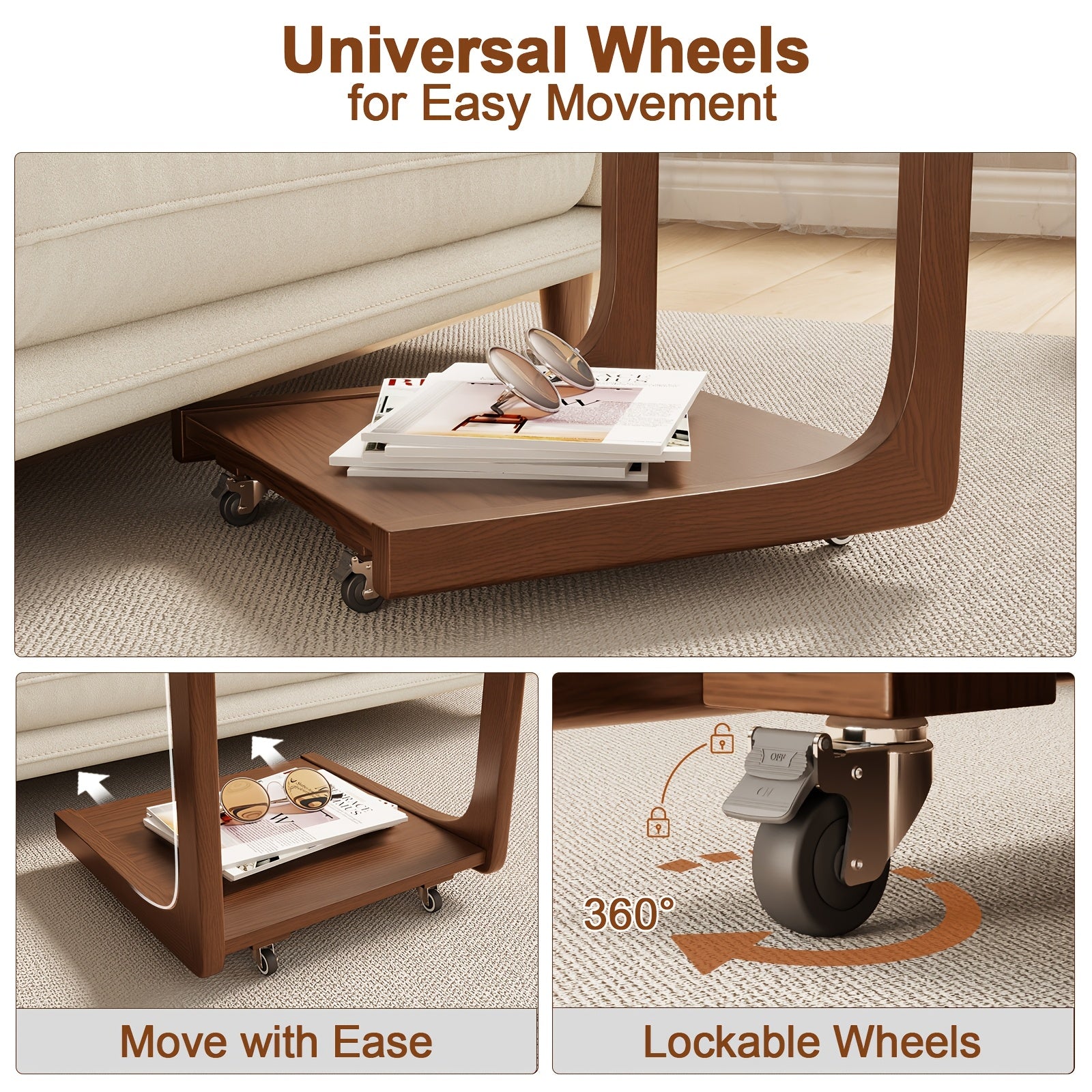 Kaslandi Space Living Room Furniture C-Shaped Bedside Table, Small Sofa Side Table, Mobile Design With Wheels For Living Room, Bedroom, And Bedside, Walnut, White, And Natural Wood Colors, Christmas Gifts, Black Fridays Items, Free Shipping