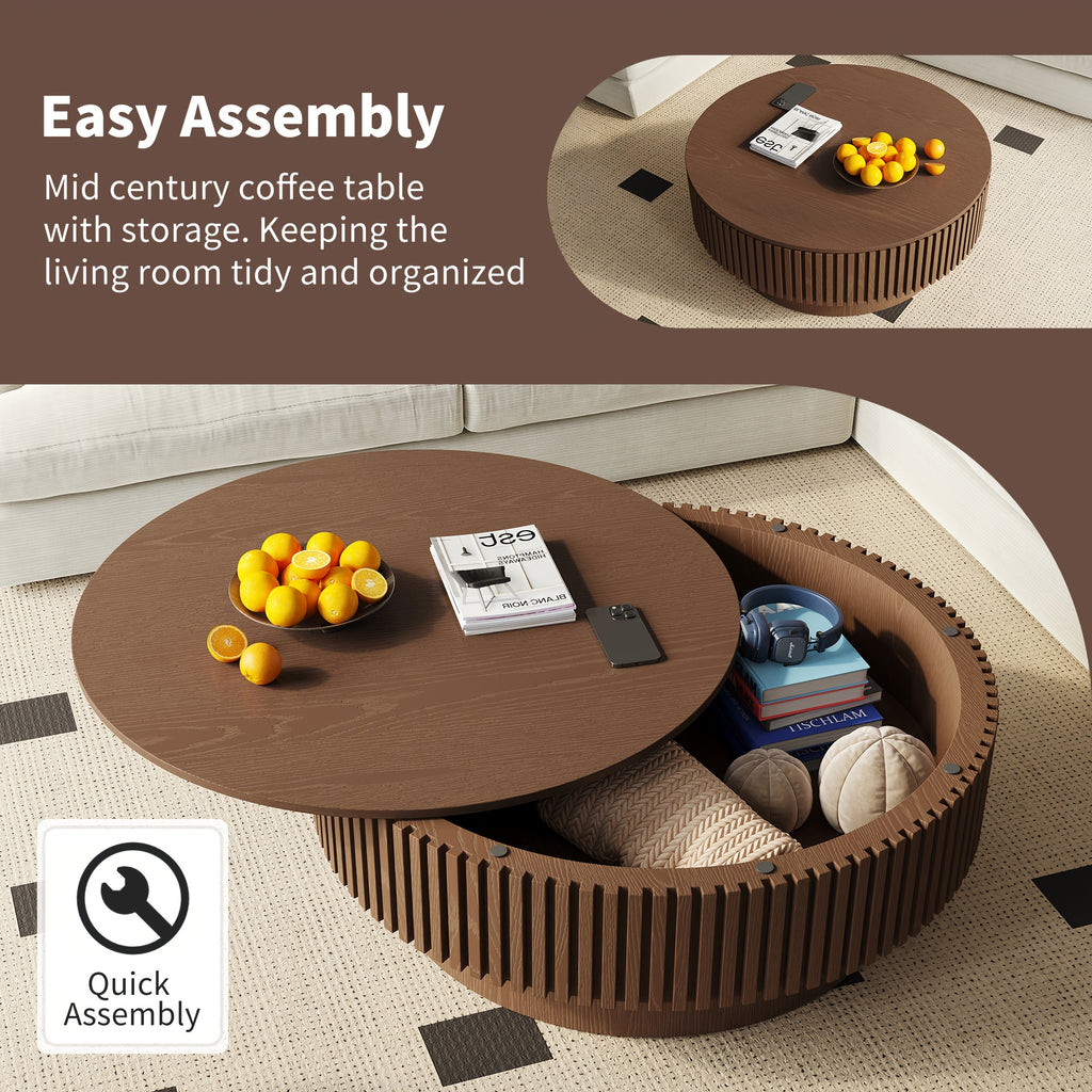 Round Coffee Table with Openable Tabletop & Inner Storage Shelf - Space-Saving Retro Modern Suitable for, Home, Cafe Furniture - Engineered Wood Dark Brown Table, Easy Assembly Compact Circular Tea Table for Small Spaces
