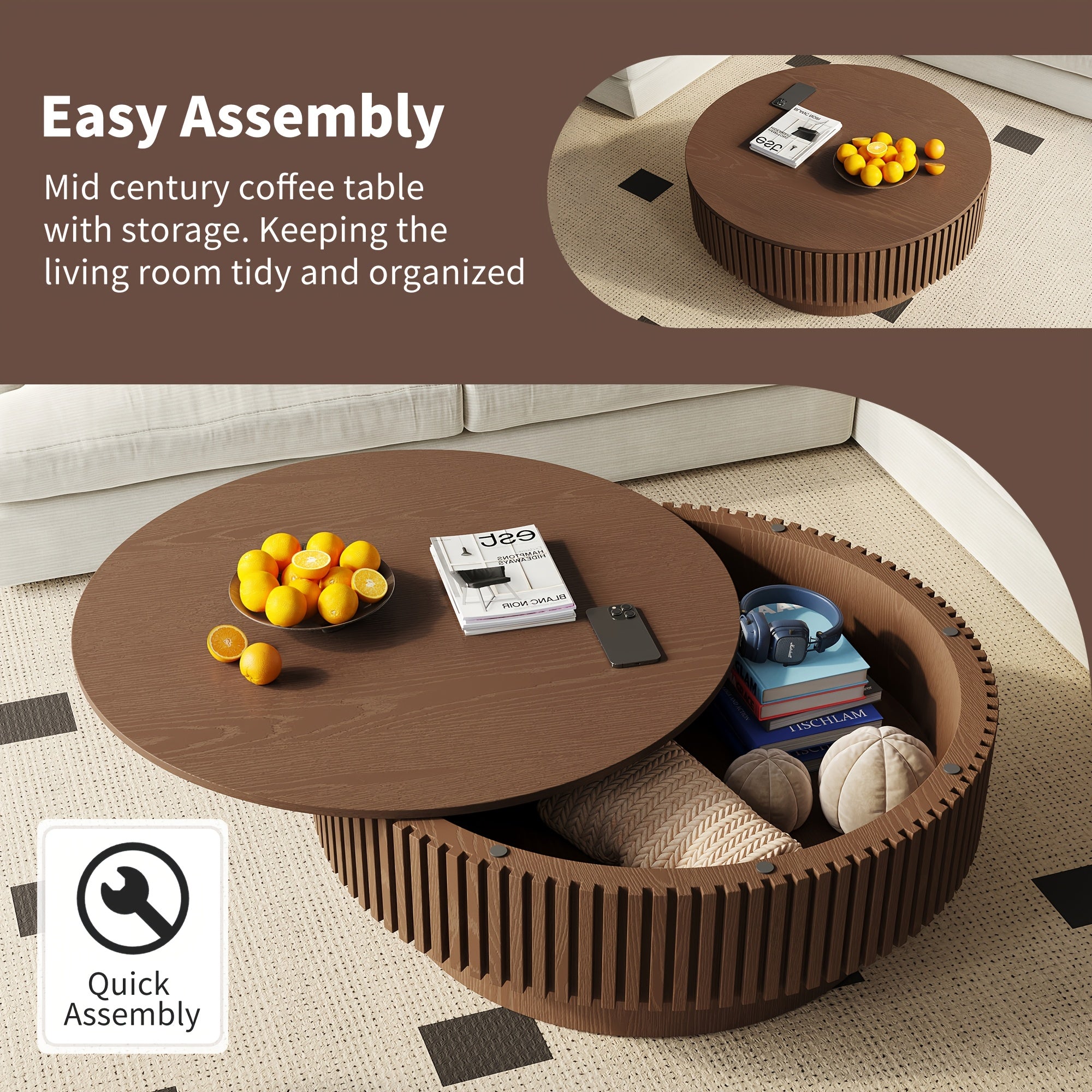 Round Coffee Table with Openable Tabletop & Inner Storage Shelf - Space-Saving Retro Modern Suitable for, Home, Cafe Furniture - Engineered Wood Dark Brown Table, Easy Assembly Compact Circular Tea Table for Small Spaces