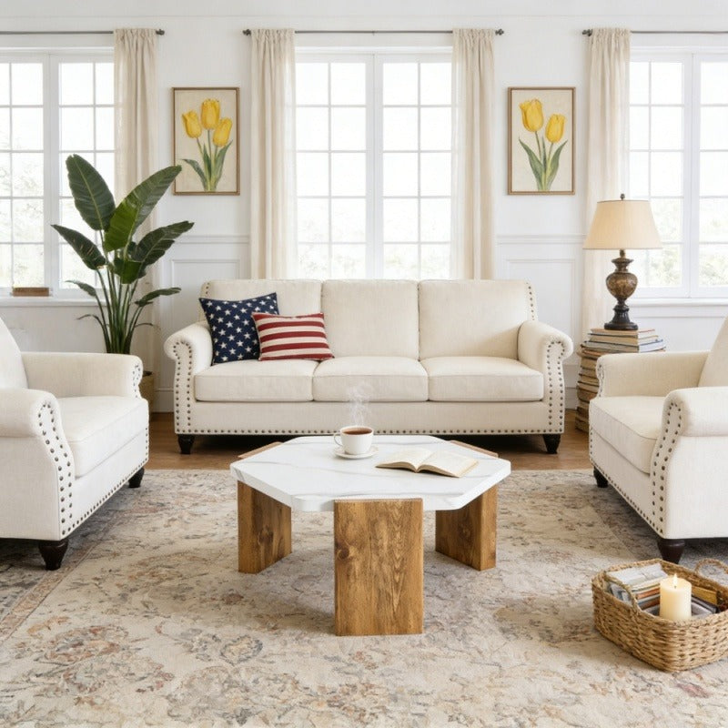 31-inch Modern-Style Hexagonal Coffee Table with White Marble Surface | Vintage Style, Non-Electric