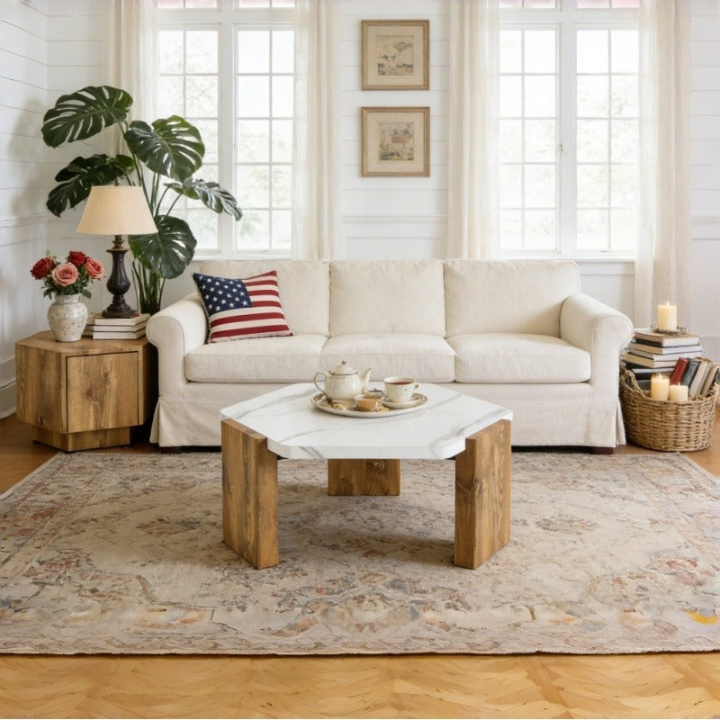 31-inch Modern-Style Hexagonal Coffee Table with White Marble Surface | Vintage Style, Non-Electric