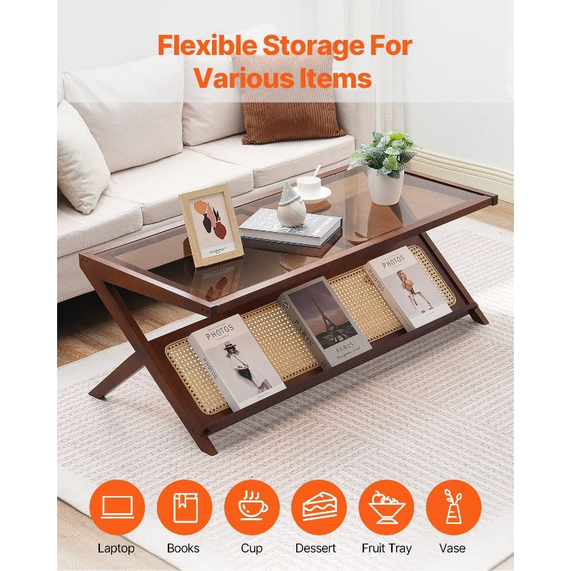 VEVOR Rattan Coffee Table Z-Shaped Rattan Woven Bamboo Coffee Table with Tempered Glass Top 47' Modern Boho Coffee Table with Natural Bamboo Legs for Living Room Bedroom and Small Spaces