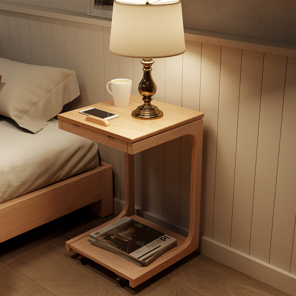 Kaslandi Space Living Room Furniture C-Shaped Bedside Table, Small Sofa Side Table, Mobile Design With Wheels For Living Room, Bedroom, And Bedside, Walnut, White, And Natural Wood Colors, Christmas Gifts, Black Fridays Items, Free Shipping