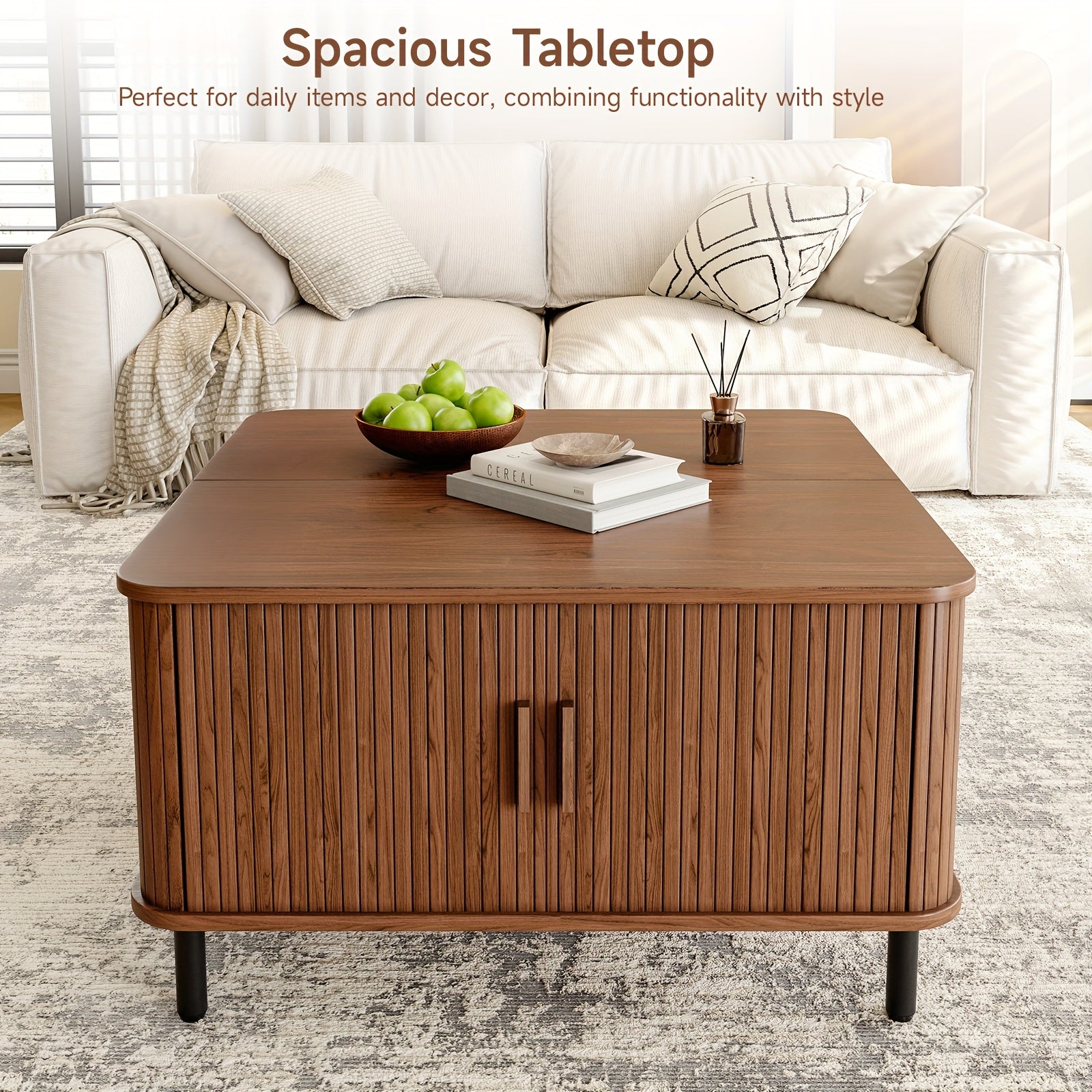 Lift-Top Coffee Table with Storage Square Coffee Table Multifunctional Living Room Center Table for Dining, Gaming Or Working Walnut