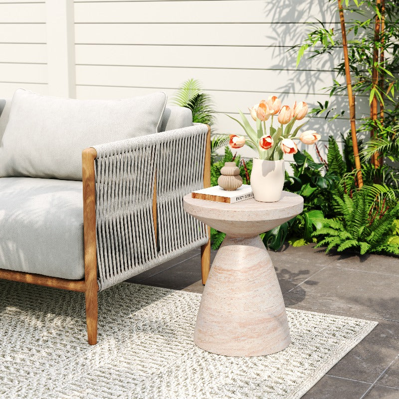 Outdoor\u002FIndoor Lightweight Concrete Modern End Table for Living Room | Travertine End, Mid-century Modern Style, Leg Base, ≥27 Inches Height, ≥3.2 Cubic Feet Storage Capacity