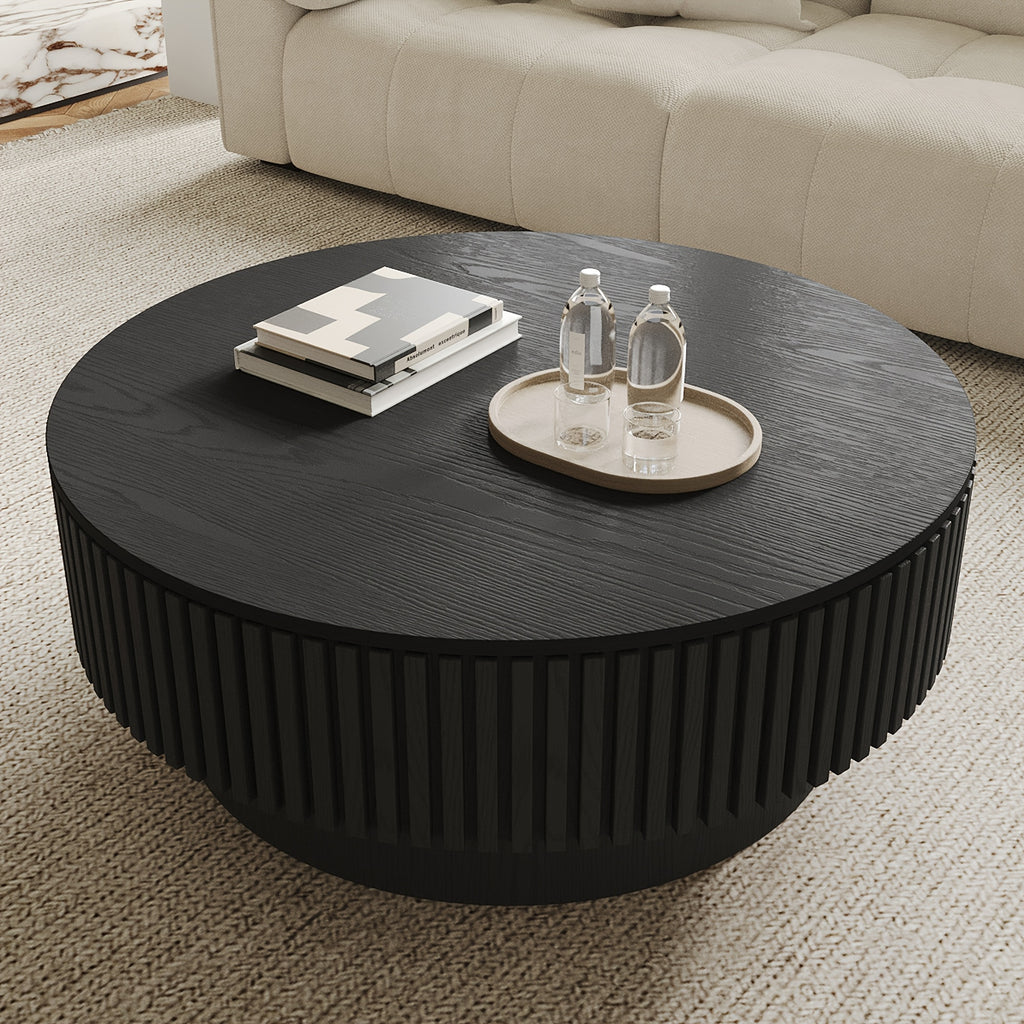 Round Fluted Coffee Table with Storage & Retro Openable Tabletop Wooden Circular Tea Table with Inner Storage Space for Living Rooms Home And Cafes Furniture Black