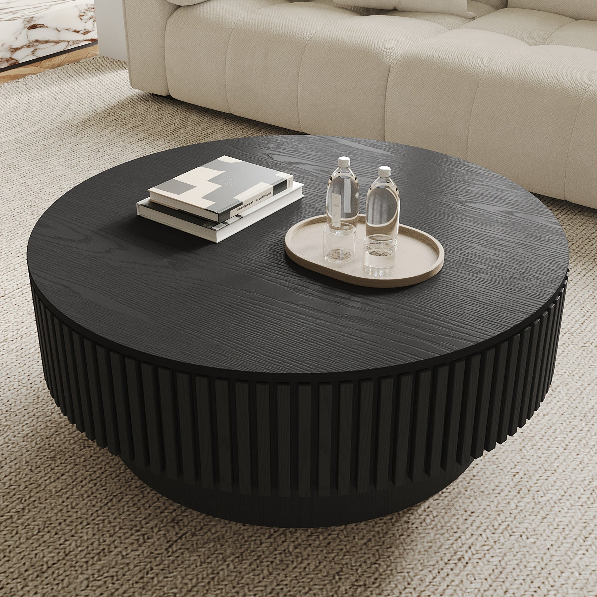 Round Fluted Coffee Table with Storage & Retro Openable Tabletop Wooden Circular Tea Table with Inner Storage Space for Living Rooms Home And Cafes Furniture Black
