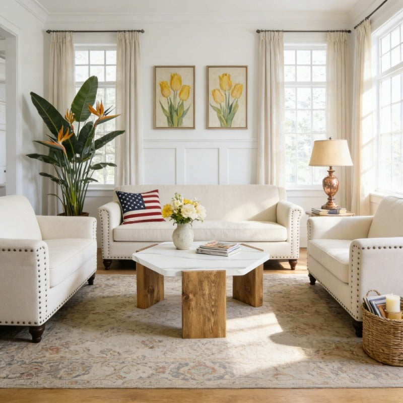 31-inch Modern-Style Hexagonal Coffee Table with White Marble Surface | Vintage Style, Non-Electric