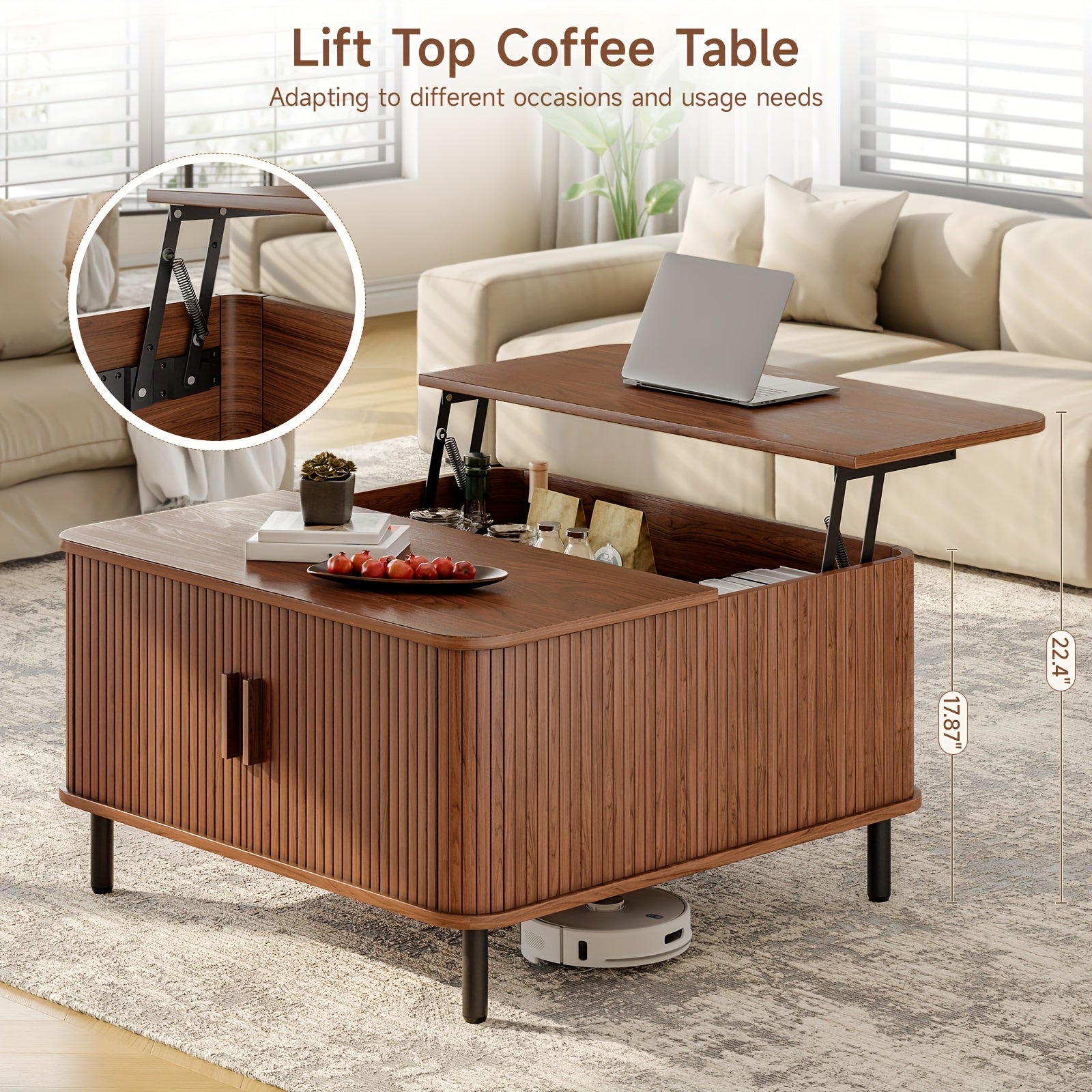 Lift-Top Coffee Table with Storage Square Coffee Table Multifunctional Living Room Center Table for Dining, Gaming Or Working Walnut