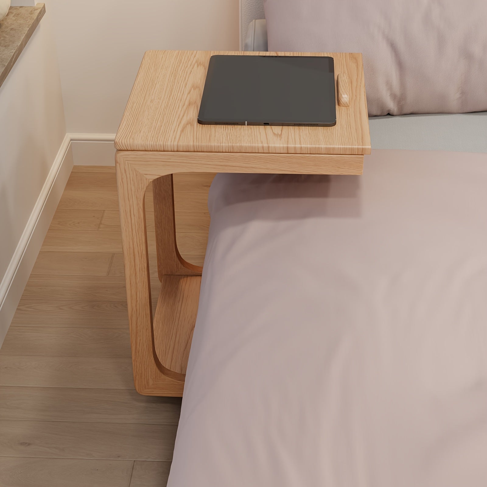 Kaslandi Space Living Room Furniture C-Shaped Bedside Table, Small Sofa Side Table, Mobile Design With Wheels For Living Room, Bedroom, And Bedside, Walnut, White, And Natural Wood Colors, Christmas Gifts, Black Fridays Items, Free Shipping
