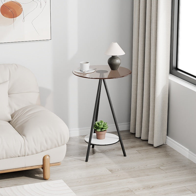 Italian-style Light Luxury Golden Triangular Leg Double-Layer Side Table with Vertical Grain Tabletop, Living Room Sofa Side Table, Bedroom Corner Small Tea Table, Modern Soft Furnishing Art Decorative Corner Table, Household Light Luxury Double