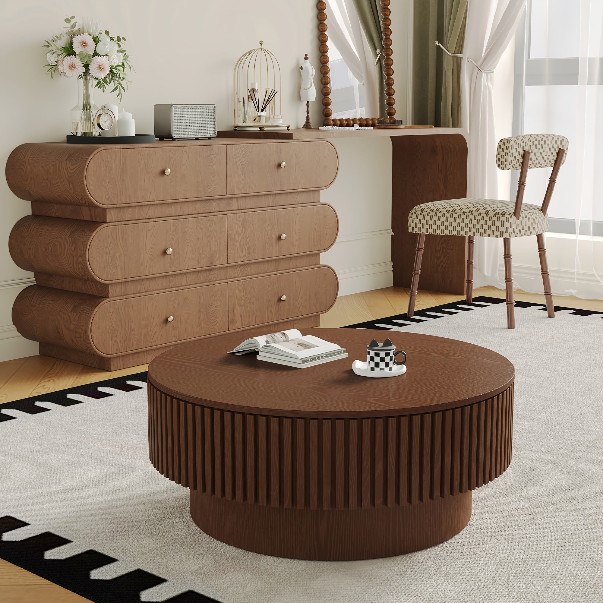Round Coffee Table with Openable Tabletop & Inner Storage Shelf - Space-Saving Retro Modern Suitable for, Home, Cafe Furniture - Engineered Wood Dark Brown Table, Easy Assembly Compact Circular Tea Table for Small Spaces