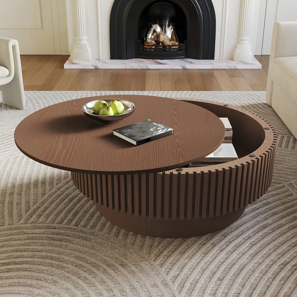Round Coffee Table with Openable Tabletop & Inner Storage Shelf - Space-Saving Retro Modern Suitable for, Home, Cafe Furniture - Engineered Wood Dark Brown Table, Easy Assembly Compact Circular Tea Table for Small Spaces