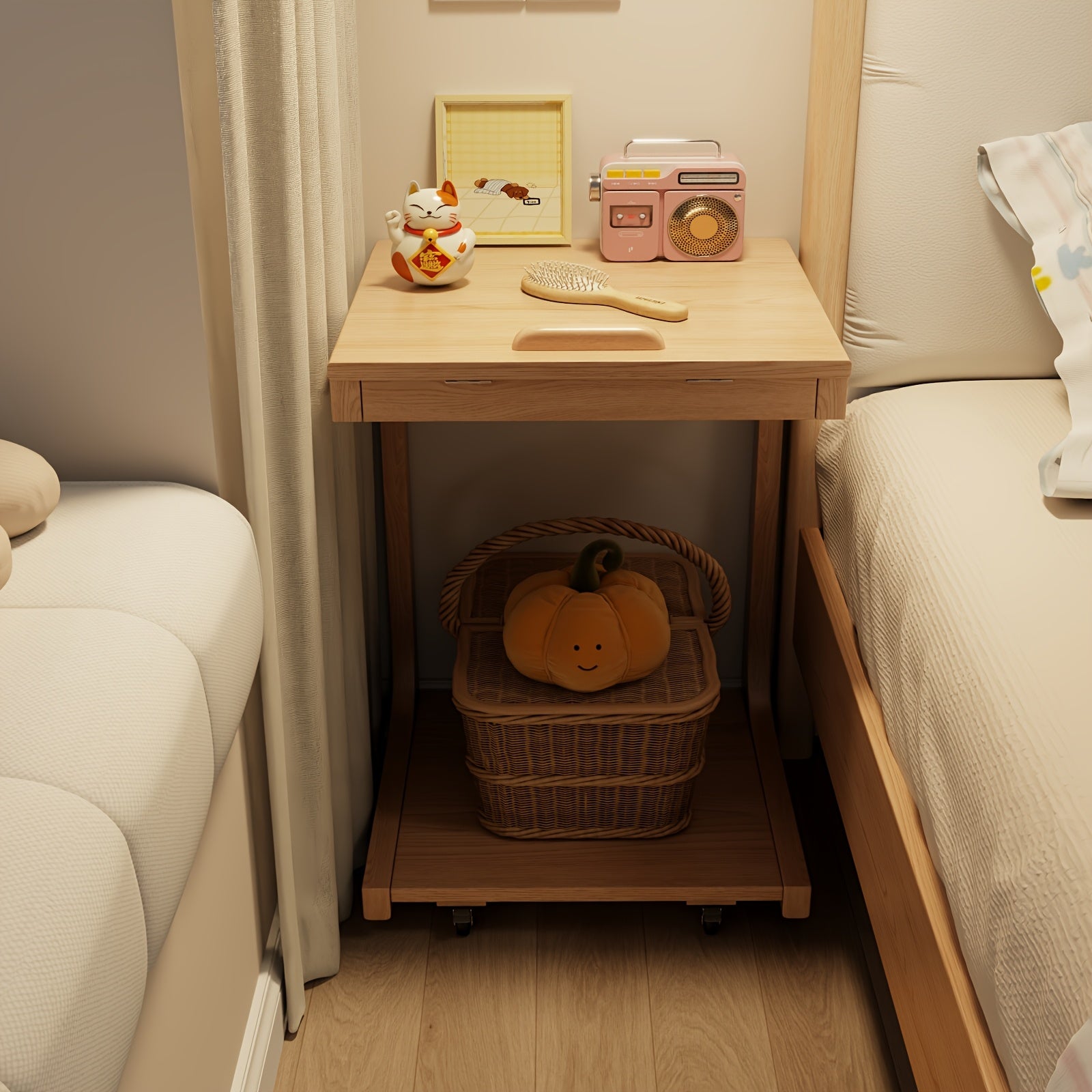 Kaslandi Space Living Room Furniture C-Shaped Bedside Table, Small Sofa Side Table, Mobile Design With Wheels For Living Room, Bedroom, And Bedside, Walnut, White, And Natural Wood Colors, Christmas Gifts, Black Fridays Items, Free Shipping