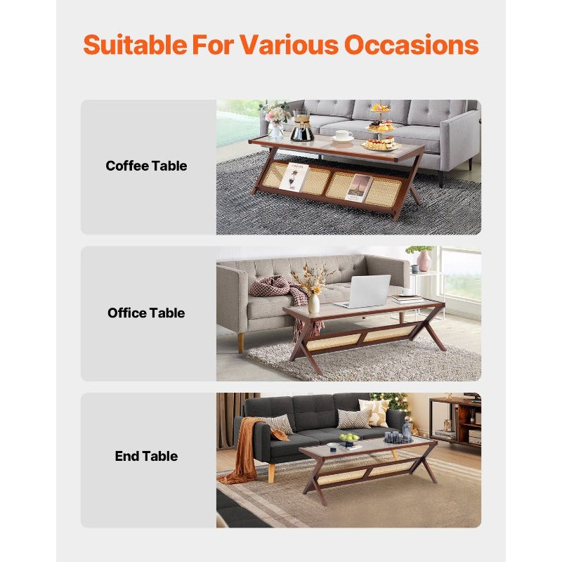 VEVOR Rattan Coffee Table Z-Shaped Rattan Woven Bamboo Coffee Table with Tempered Glass Top 47' Modern Boho Coffee Table with Natural Bamboo Legs for Living Room Bedroom and Small Spaces