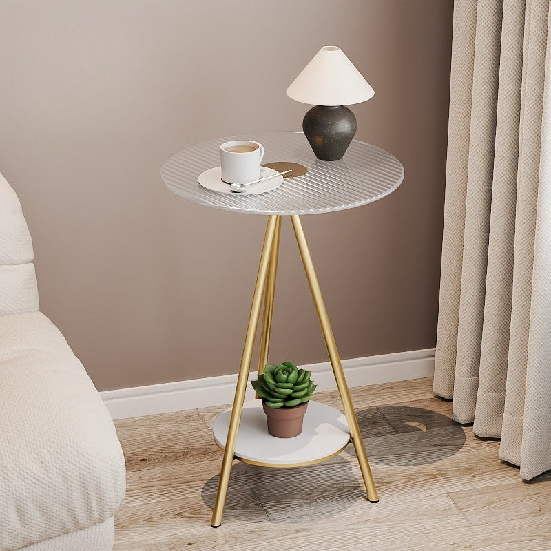 Italian-style Light Luxury Golden Triangular Leg Double-Layer Side Table with Vertical Grain Tabletop, Living Room Sofa Side Table, Bedroom Corner Small Tea Table, Modern Soft Furnishing Art Decorative Corner Table, Household Light Luxury Double