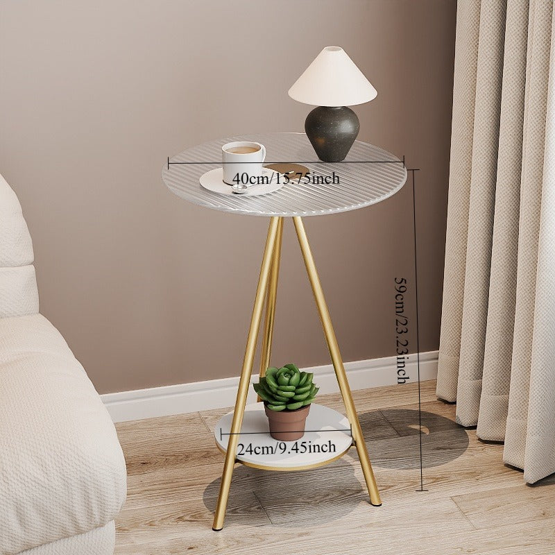 Italian-style Light Luxury Golden Triangular Leg Double-Layer Side Table with Vertical Grain Tabletop, Living Room Sofa Side Table, Bedroom Corner Small Tea Table, Modern Soft Furnishing Art Decorative Corner Table, Household Light Luxury Double