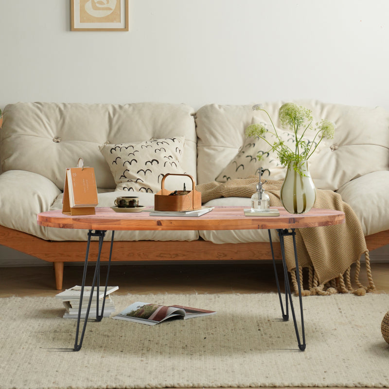 Oval Natural Reclaimed Wood Foldable Cocktail Table | Vintage Style, Non-Electric, Ideal for Living Room Use